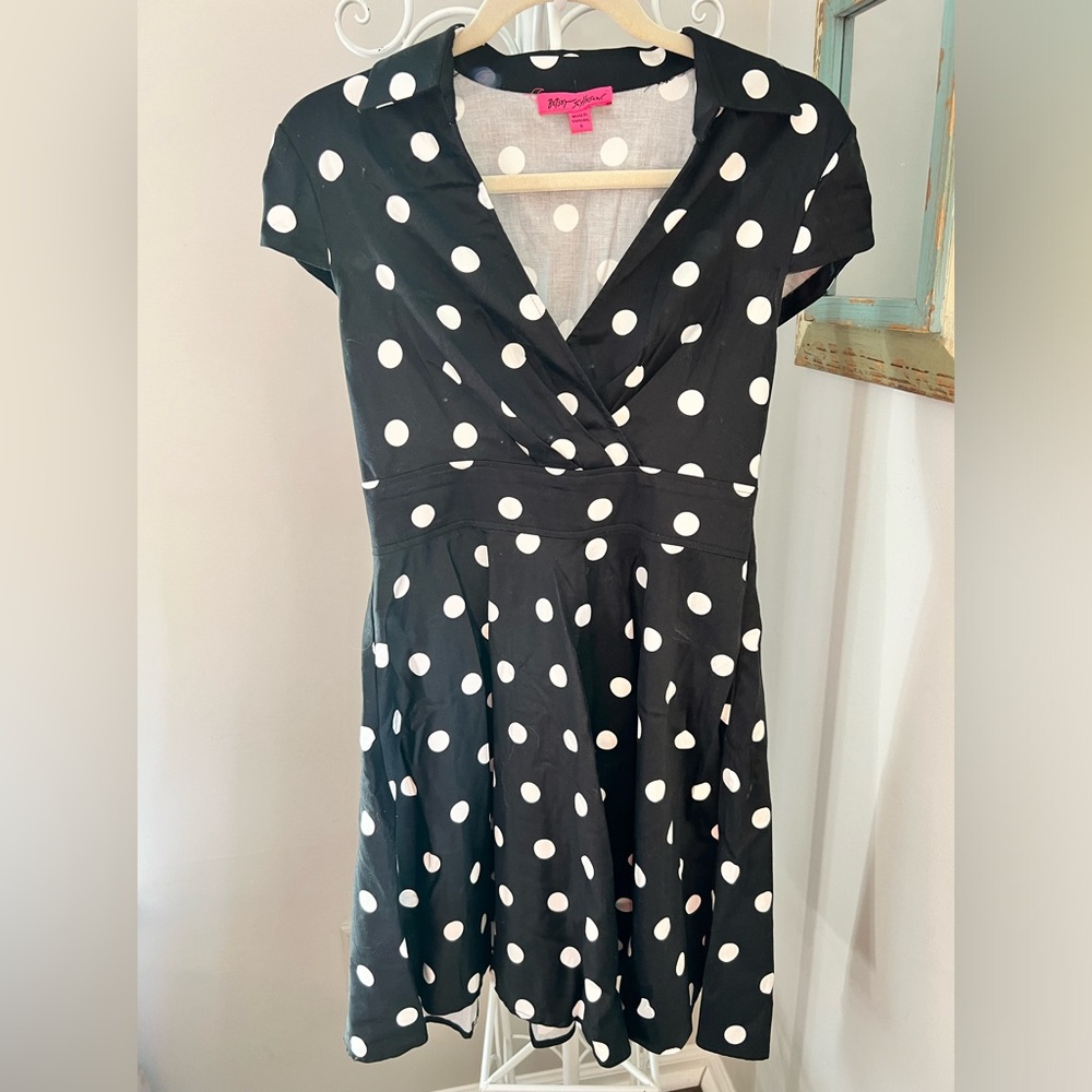 Betsey Johnson Black Polkadot Flare Dress 6 pleated pink label Y2K‎ rockabilly